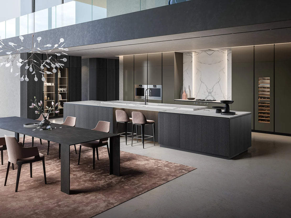 PORTRAIT_13_DIAMOND_2 Open-concept designer kitchen with white marble island, built-in wine cooler, and skyline view.